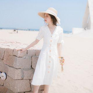 Short-sleeve Lace Trim Buttoned A-line Dress