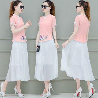 Set: Short-sleeve Floral Embroidered Cheongsam Top + Midi A-line Skirt