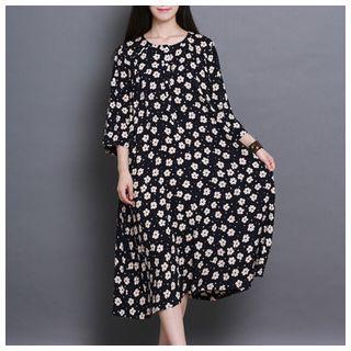 Floral Print 3/4-sleeve Midi Dress