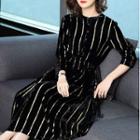 Striped Velvet Long-sleeve A-line Midi Dress