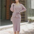 Set: Tie-waist Cardigan + Knitted Midi Sheath Tank Dress