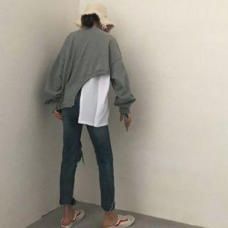 Long-sleeve Irregular Two-tone Loose-fit Sweatshirt Gray - One Size