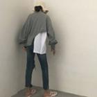 Long-sleeve Irregular Two-tone Loose-fit Sweatshirt Gray - One Size