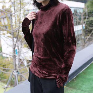 Plain Mock Neck Long Sleeve Velvet T-shirt