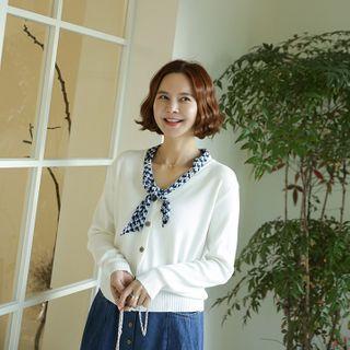 V-neck Cardigan With Patterned Scarf