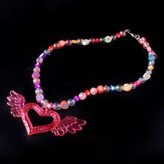 Bead Heart Necklace Dark Pink Heart - Light Pink & Orange & Purple - One Size