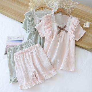 Loungewear Set : Lace Trim Short-sleeve Top & Shorts