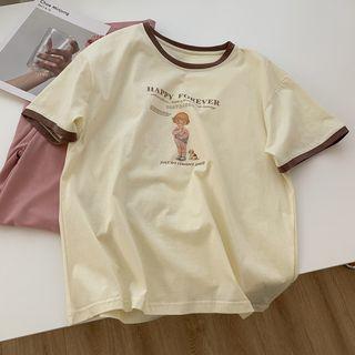 Color Block Print Short-sleeve Top Light Yellow - One Size