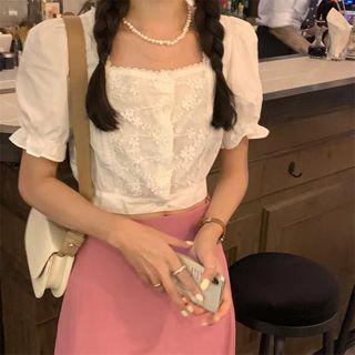Square-neck Short-sleeve Blouse / Midi Straight-fit Skirt