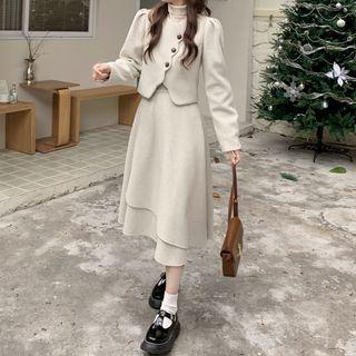 Long-sleeve Woolen Jacket / Plain A-line Midi Skirt