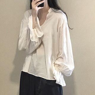 V-neck Plain Blouse White - One Size