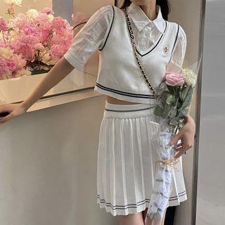 Short-sleeve Plain Shirt / V-neck Knit Vest / High-waist Plain Skirt