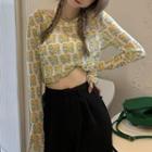 Long-sleeve Floral Print Crop Top Light Yellow - One Size