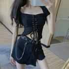 Short-sleeve Lace Up Cropped T-shirt / Fringed Hem Denim Skort / Belt