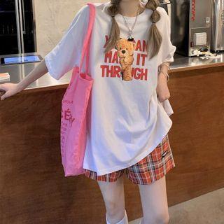 Elbow-sleeve Lettering T-shirt / Plaid Skort