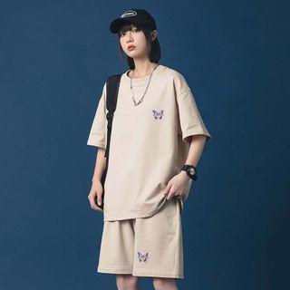 Set: Butterfly Print Short-sleeve T-shirt + Straight-cut Sweatshorts