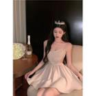Spaghetti Strap Rhinestone Trim Cutout Mini A-line Dress Almond - One Size