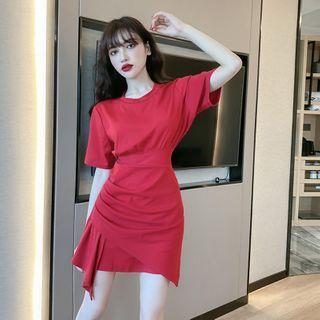 Plain Short-sleeve Asymmetric Hem Mini Sheath Dress