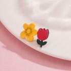 Asymmetrical Floral Stud Earring 1 Pair - Red & Yellow - One Size