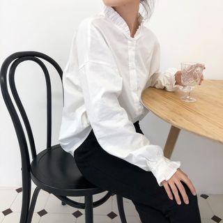 Ruffled-trim Long-sleeve Shirt White - One Size