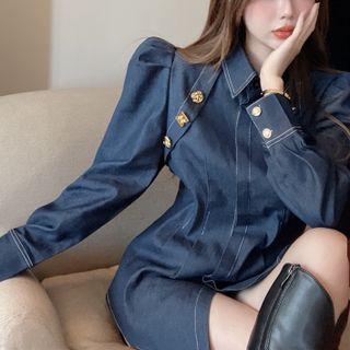 Details Slim-fit Puff-sleeve Denim Long Shirt