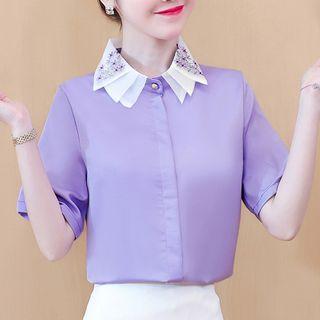 Short-sleeve Floral Embroidered Collar Chiffon Blouse