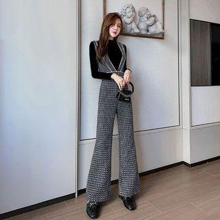 Mock-turtleneck Knit Top / Tweed Jumper Pants / Set