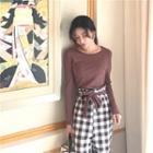 Long-sleeve Plain T-shirt+high-waist Checked Pants As Shown In Figure - One Size