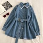 Single-breasted Lace-trim Lace-up Long-sleeve Denim Dress Blue - One Size