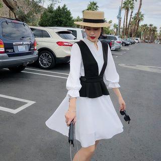 Set: Plain Long Sleeve Dress + Peplum Vest