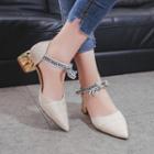 Fabric Ankle Strap Dorsay Chunky Heel Pumps