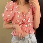Heart Print Puff-sleeve Cropped Blouse