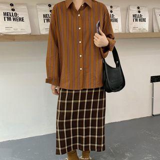 Striped Shirt / Plaid A-line Skirt