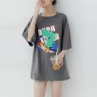 Dinosaur Print Elbow-sleeve T-shirt Gray - One Size