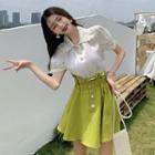 Faux Pearl Short-sleeve Blouse / High-waist Mini A-line Skirt