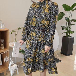 Frill-neck Floral Chiffon Dress