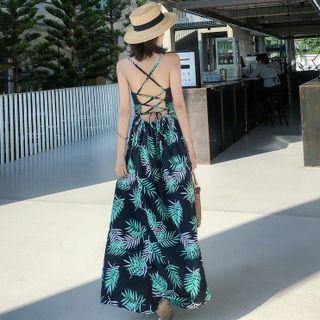 Lace-up Open-back Leaf Print A-line Dress