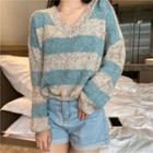 V-neck Color-block Stripe Sweater Sweater - One Size