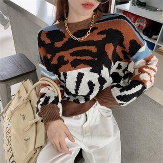 Color Block Leopard Print Cropped Sweater Brown & Black & White - One Size