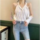 Off-shoulder V-neck Long-sleeve Blouse White - One Size