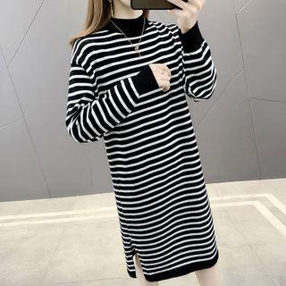 Mock-neck Striped Knit Midi Dress