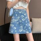 High-waist A-line Floral Denim Mini Skirt