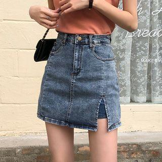 High-waist Denim Slit Mini Straight-fit Skort