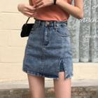 High-waist Denim Slit Mini Straight-fit Skort