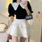 Short-sleeve Two-tone Blouse / Ruffle Mini A-line Skirt