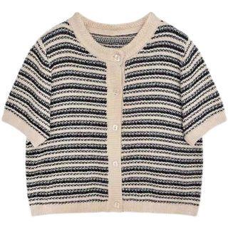 Short-sleeve Striped Button-up Knit Top Black & Almond - One Size