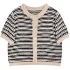 Short-sleeve Striped Button-up Knit Top Black & Almond - One Size