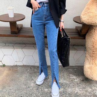 Washed Slit Front Straight Leg Jeans