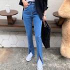 Washed Slit Front Straight Leg Jeans