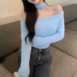 Off-shoulder Sweater Blue - One Size